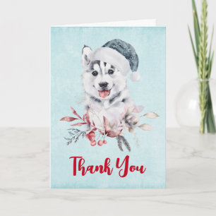 Carte Chien de Noël Husky dans un Merci de Santa Hat