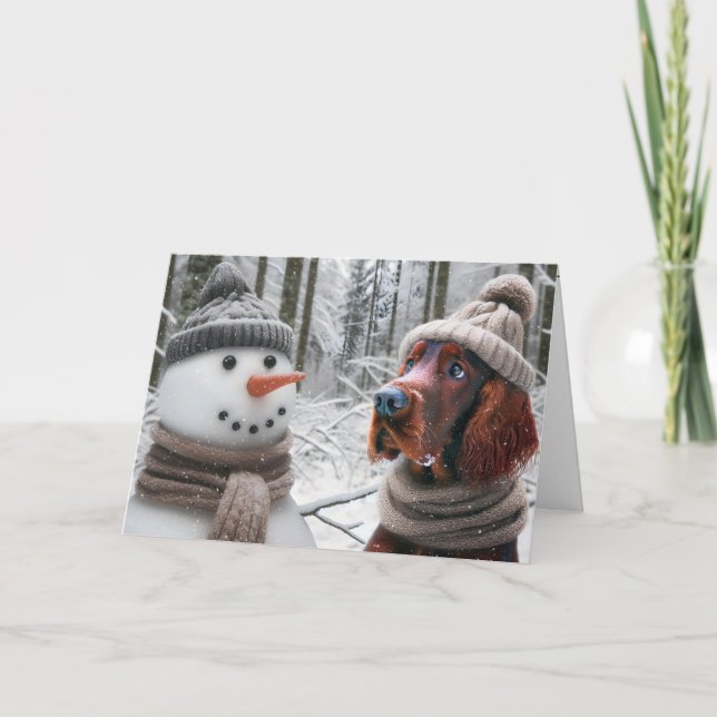 Carte Chien de Noël Irlandais avec un bonhomme de neige (Devant)