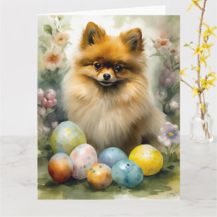 Carte Chien de Poméranie avec oeufs de Pâques vacances
