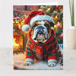 Carte Chien de taureau anglais avec chapeau de Père Noël