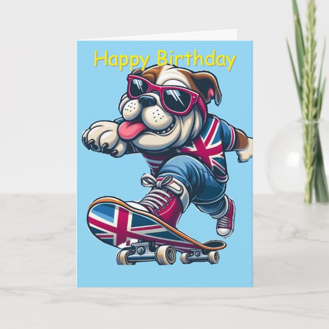 Carte Chien de taureau britannique cool sur skateboard (Devant)