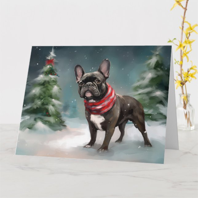 Carte Chien de taureau français à Noël de neige (Fleur jaune)