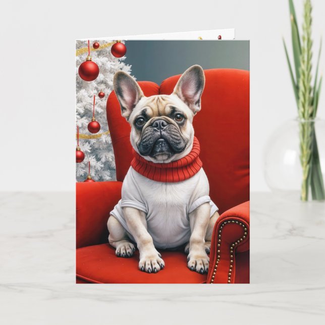 Carte Chien de taureau français de Noël sur une chaise r (Devant)