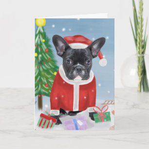Carte Chien de taureau français en neige avec cadeaux de