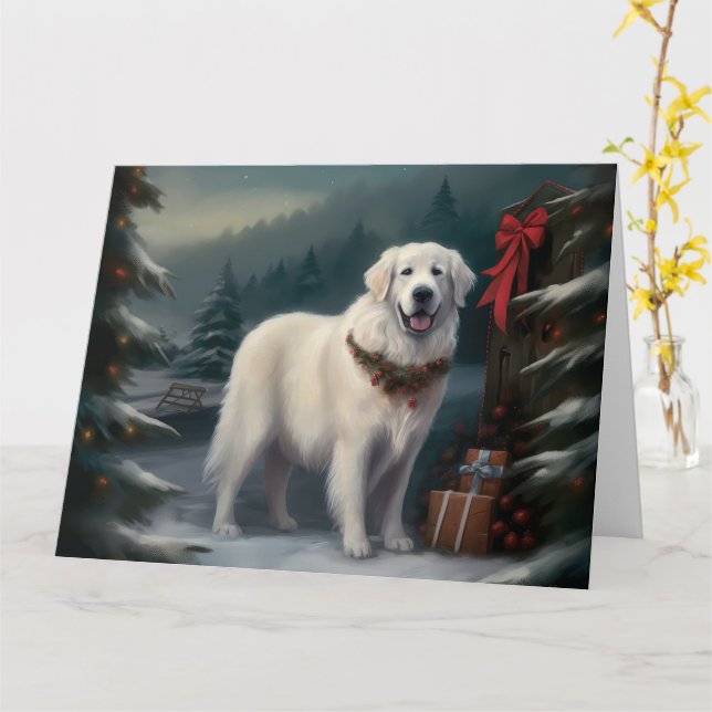 Carte Chien des grandes Pyrénées à Noël de neige (Fleur jaune)