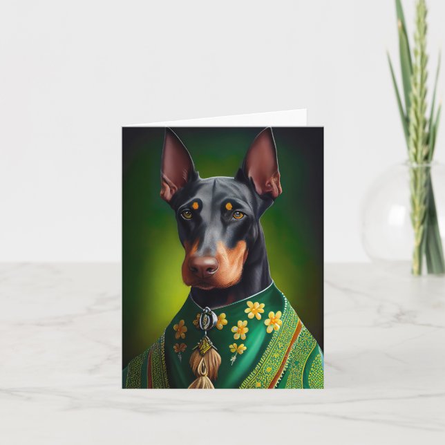 Carte Chien Doberman en tenue de la Saint-Patrick (Devant)