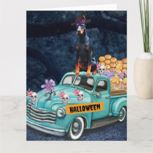 Carte Chien Doberman Halloween Camion Nuit Effrayante