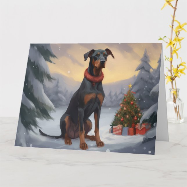 Carte Chien Doberman pendant Noël de neige (Fleur jaune)