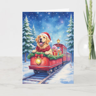 Carte Chien d'or de Noël Train Vacances d'hiver