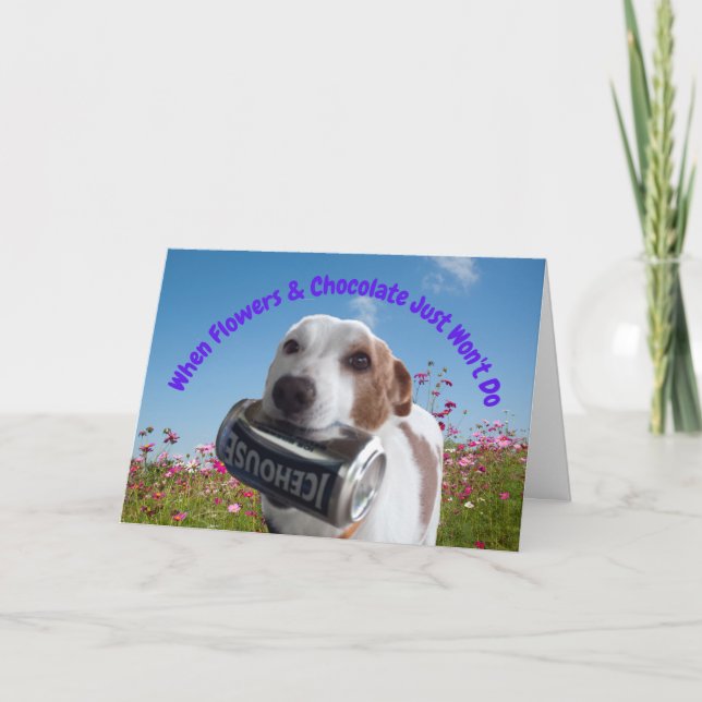 Carte Chien drôle avec boîte de bière dans la bouche Car (Devant)