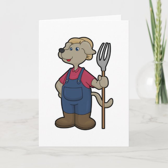 Carte Chien en fermier avec râteau et chapeau (Devant)