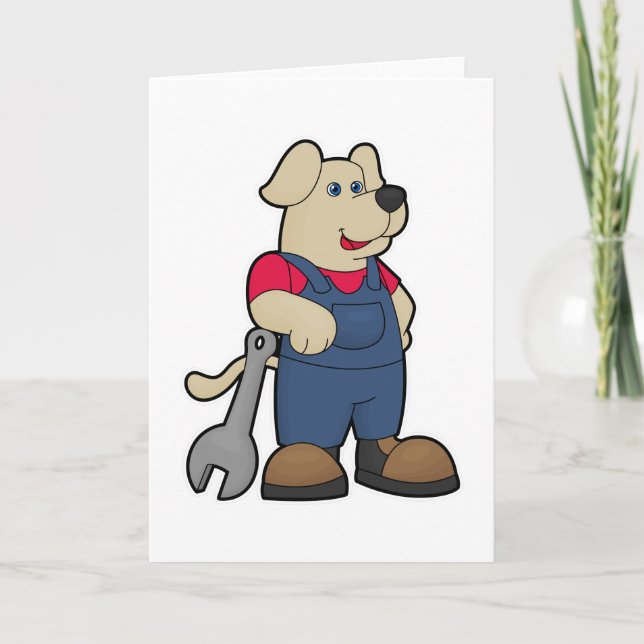 Carte Chien en mécanicien avec clé anglaise (Devant)