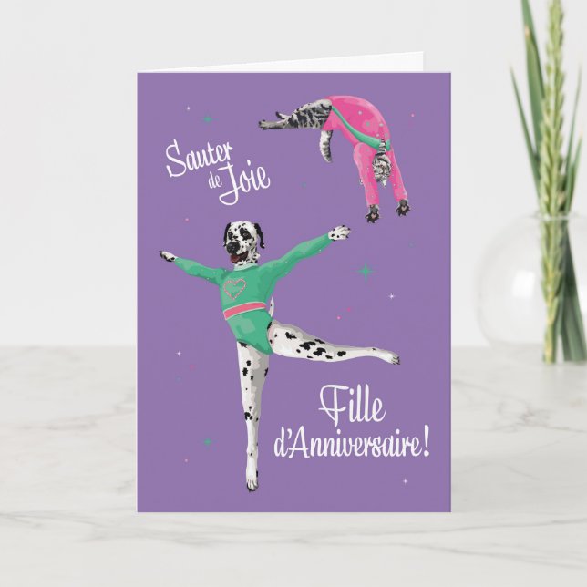 Carte Chien et conversation gymnaste sautent anniversair (Devant)