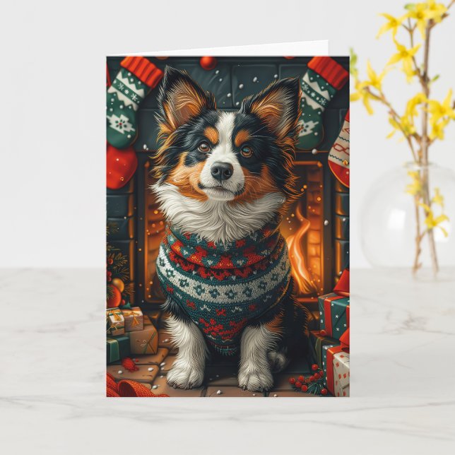 Carte Chien Finnish Lapphund avec cheminée de cadeau de  (Fleur jaune)