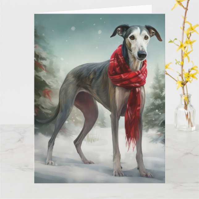 Carte Chien gris à Noël de neige (Fleur jaune)