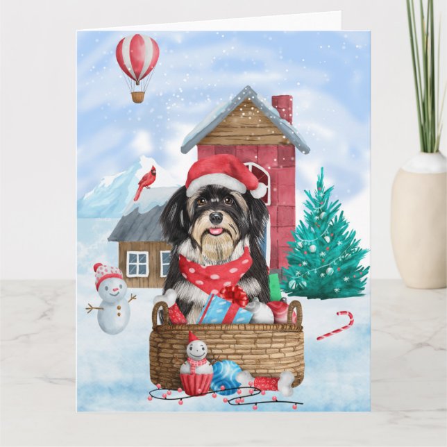 Carte Chien Havanais dans la maison de Noël enneigée pou (Devant)