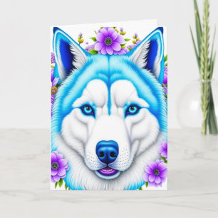 Carte Chien Husky aux yeux bleus et aux fleurs Anniversa