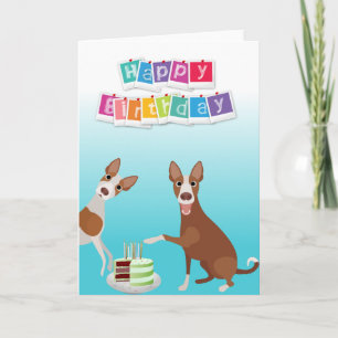 Carte Chien Ibizenca d'anniversaire avec gâteau d'annive