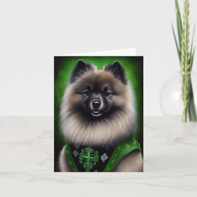 Carte Chien Keeshond en tenue de la Saint-Patrick (Devant)