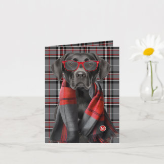 Carte Chien Lab noir et carreaux gris rouge monogrammé