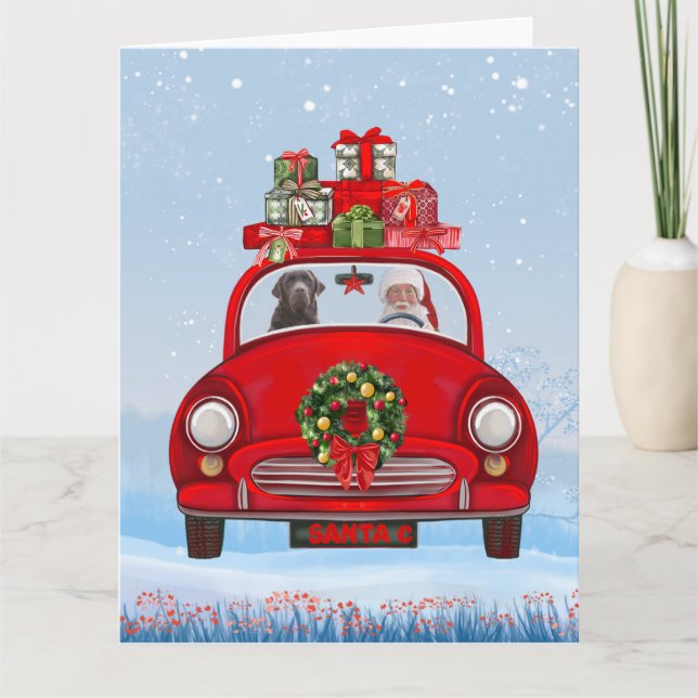 Carte Chien Labrador dans une voiture avec le Père Noël  (Devant)