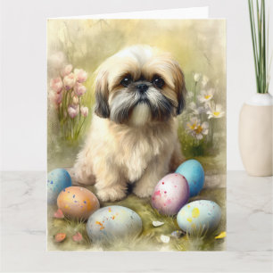 Carte Chien Lhassa Apso avec oeufs de Pâques vacances