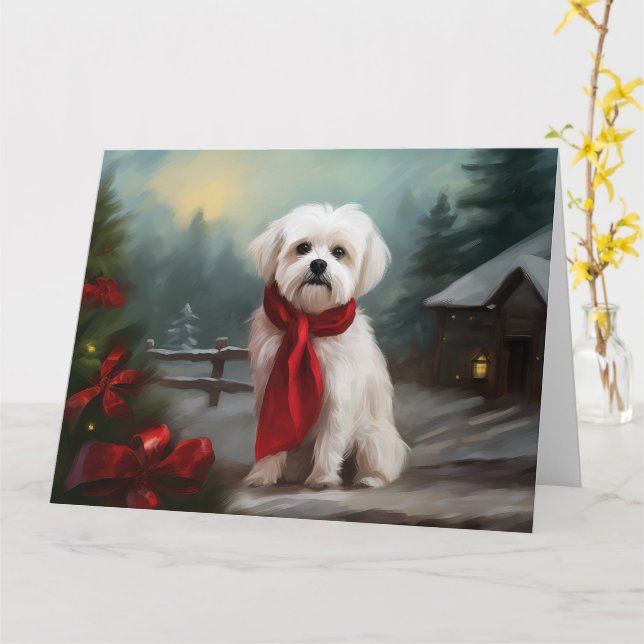 Carte Chien maltais à Noël de neige (Fleur jaune)