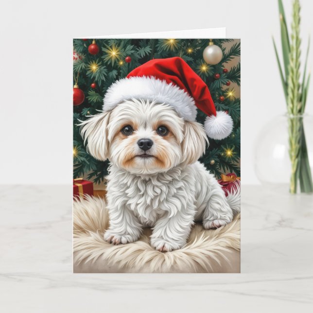 Carte Chien maltais de Noël sur un Coussin à fourrure (Devant)