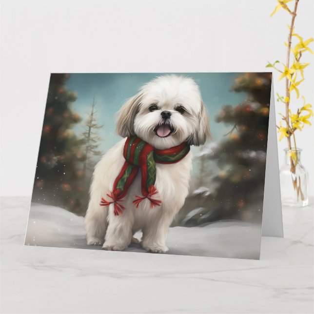 Carte Chien Malti Tzu à Noël de neige (Fleur jaune)