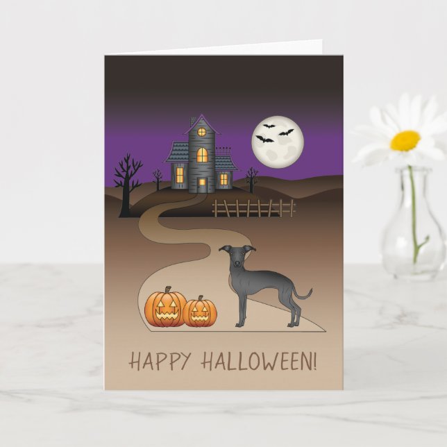 Carte Chien mignon Noir Et Maison Hantée Halloween Hallo (Petite plante)