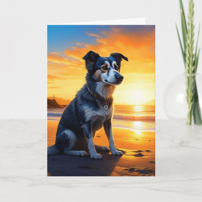 Carte Chien mignon sur la plage au coucher du soleil | J (Devant)