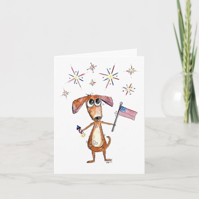 Carte Chien patriotique fantaisiste mignon avec drapeau (Devant)