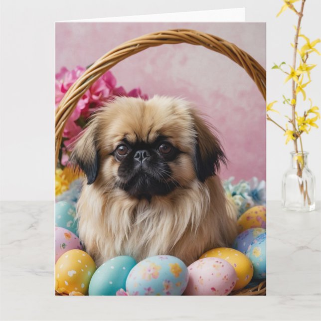 Carte Chien pekingese Oeufs de Pâques (Fleur jaune)