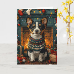 Carte Chien Rat Terrier avec des cadeaux de Noël Cheminé