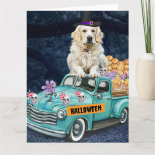 Carte Chien Retriever doré Halloween Camion Nuit effraya