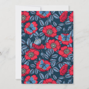 Carte Chien rose et papillons en bleu et rouge