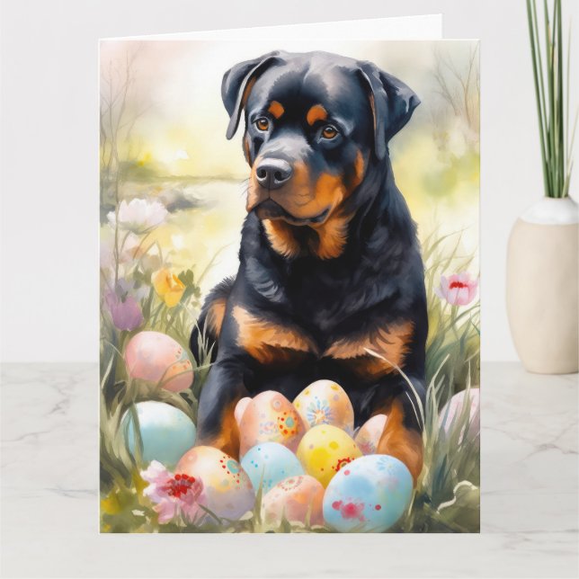 Carte Chien Rottweiler avec Oeufs de Pâques Fête (Devant)