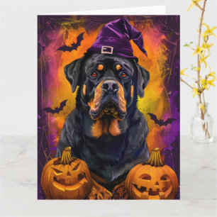 Carte Chien Rottweiler Effrayant Halloween Sorcière et C