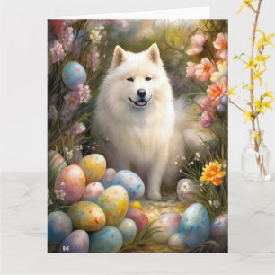 Carte Chien Samoyé avec oeufs de Pâques vacances