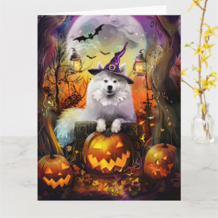 Carte Chien Samoyède Effrayant Sorcière d'Halloween et C