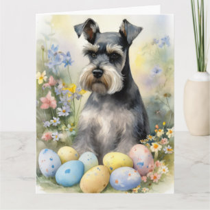Carte Chien Schnauzer avec oeufs de Pâques vacances