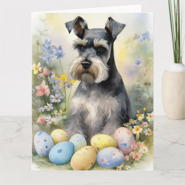 Carte Chien Schnauzer avec oeufs de Pâques vacances (Devant)