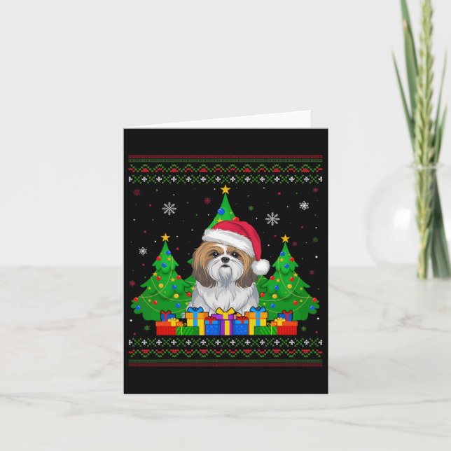 Carte Chien Shih Tzu avec chapeau de Père Noël et sapin  (Devant)