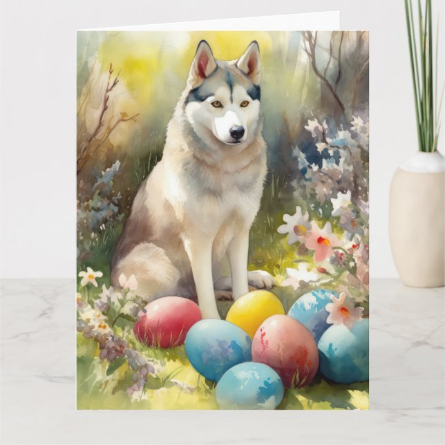 Carte Chien sibérien Husky avec oeufs de Pâques vacances (Devant)