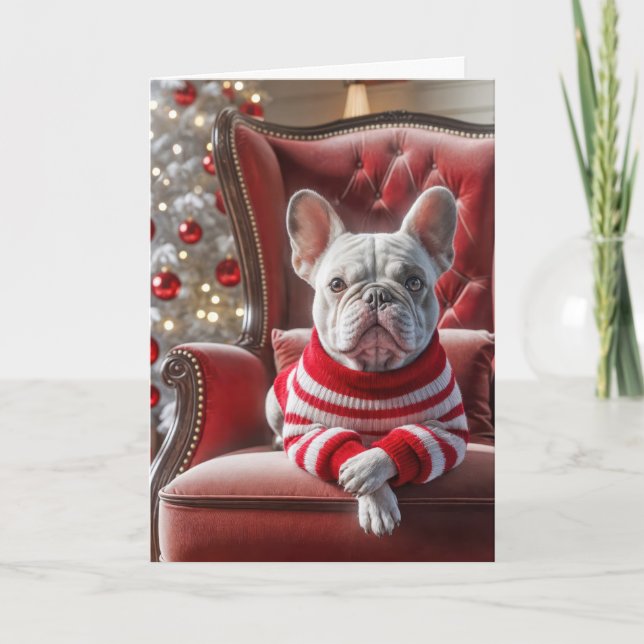 Carte Chien-taureau français de Noël sur la chaise rouge (Devant)