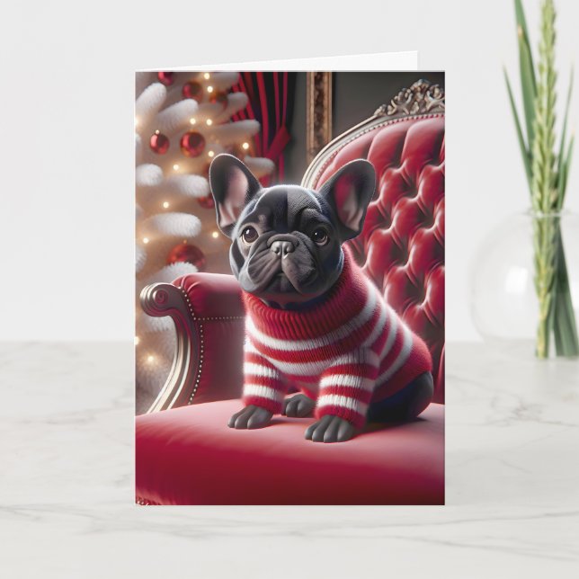 Carte Chien-taureau français de Noël sur la chaise rouge (Devant)
