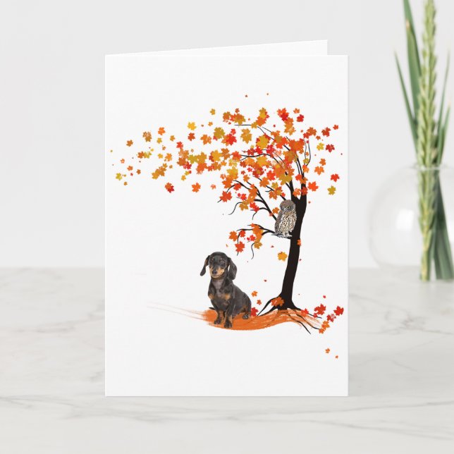 Carte Chien Teckel Hibou Et Arbre D'automne Amoureux De  (Devant)