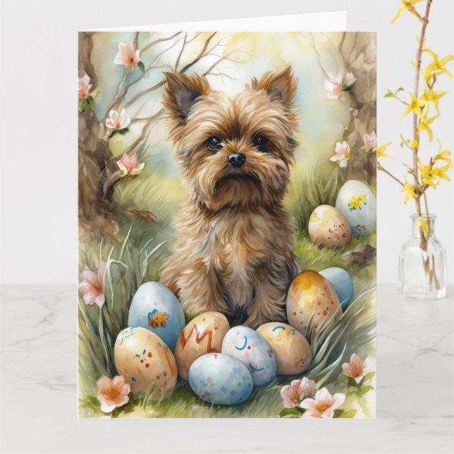 Carte Chien Yorkipoo Avec Oeufs De Pâques Vacances (Fleur jaune)