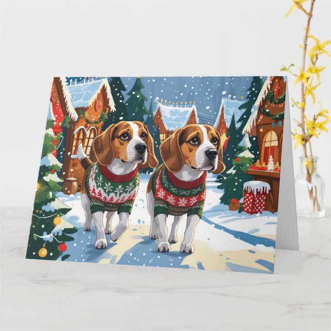 Carte Chiens beagles Noël Fête de la neige (Fleur jaune)
