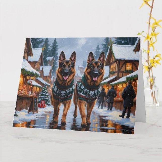 Carte Chiens bergers allemands Noël Fête de la neige (Fleur jaune)